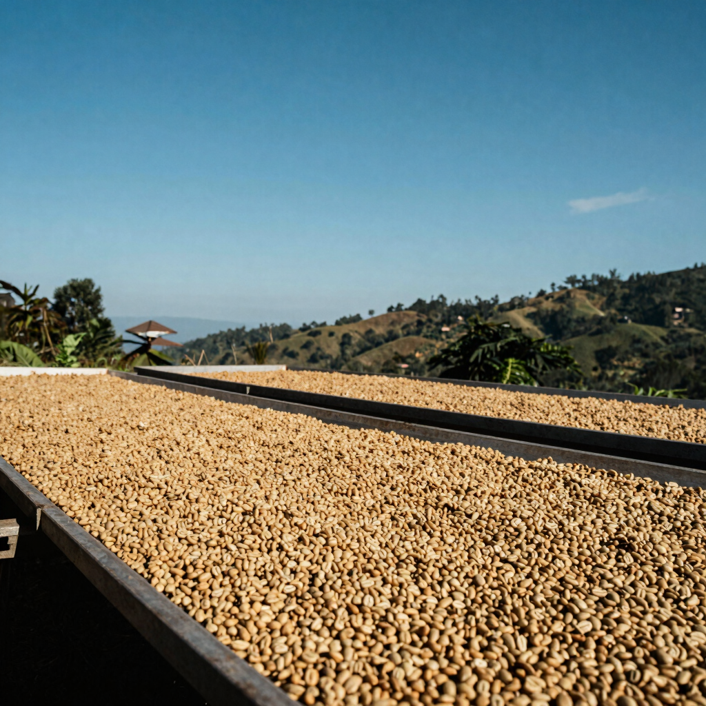 Environmentally conscious coffee processing method in Southeast Asian / Indonesian (Aceh) highlands, showing solar drying tables filled with parchment coffee beans under open blue sky.