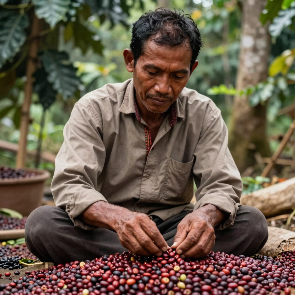 A passionate local coffee farmer wearing traditional working attire carefully inspecting hand-picked red coffee beans under warm natural lighting outdoors in Southeast Asian / Indonesian (Aceh).