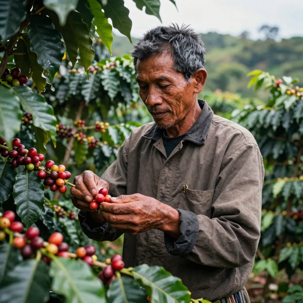 A portrait photograph of a coffee farmer in Southeast Asian / Indonesian (Aceh) carefully hand-picking bright red ripe coffee cherries in a lush green Gayo mountain coffee farm under gentle sunlight.
